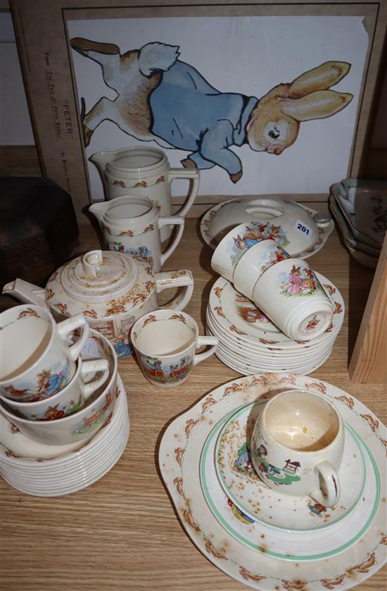 A Doulton Bunnykins part tea set and three related posters